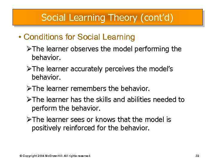 Social Learning Theory (cont’d) • Conditions for Social Learning ØThe learner observes the model