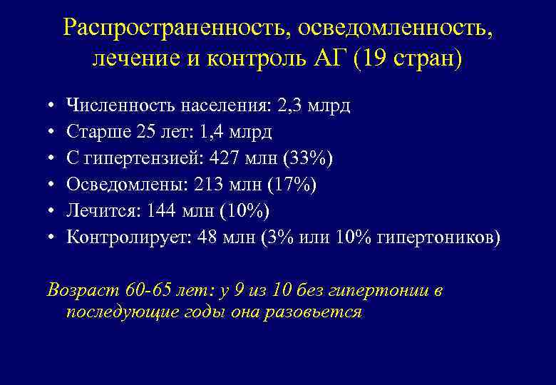 Распространенность, осведомленность, лечение и контроль АГ (19 стран) • • • Численность населения: 2,