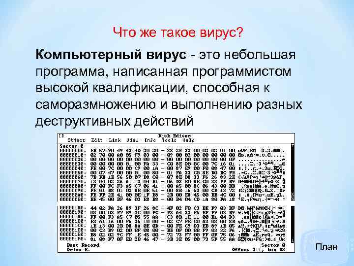 Что же такое вирус? Компьютерный вирус - это небольшая программа, написанная программистом высокой квалификации,