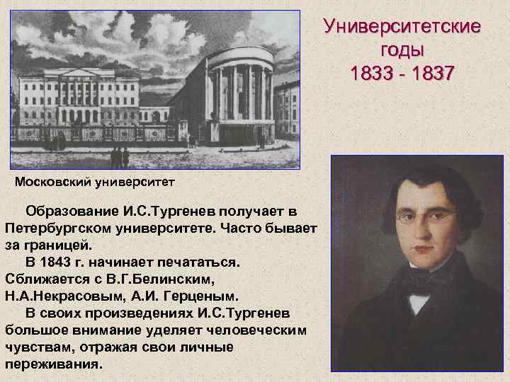 Университетские годы 1833 - 1837 Московский университет Образование И. С. Тургенев получает в Петербургском