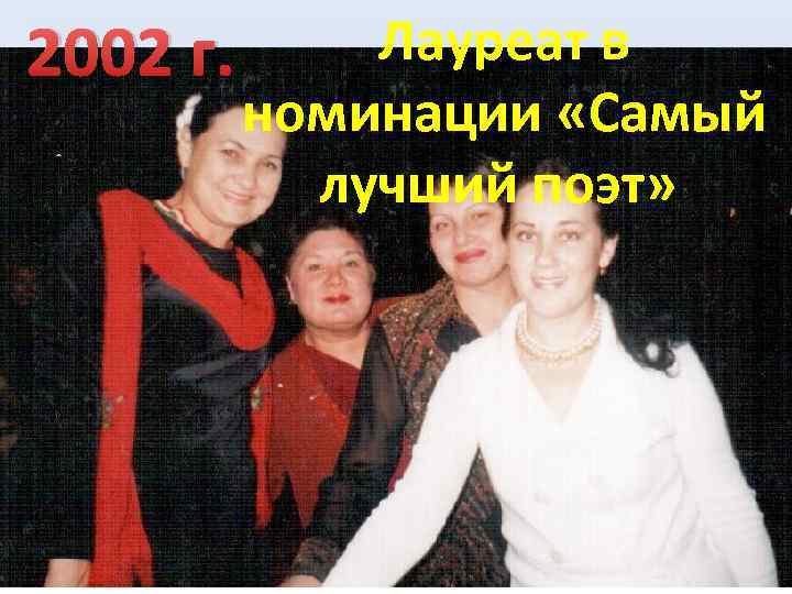 Лауреат в 2002 г. номинации «Самый лучший поэт» 