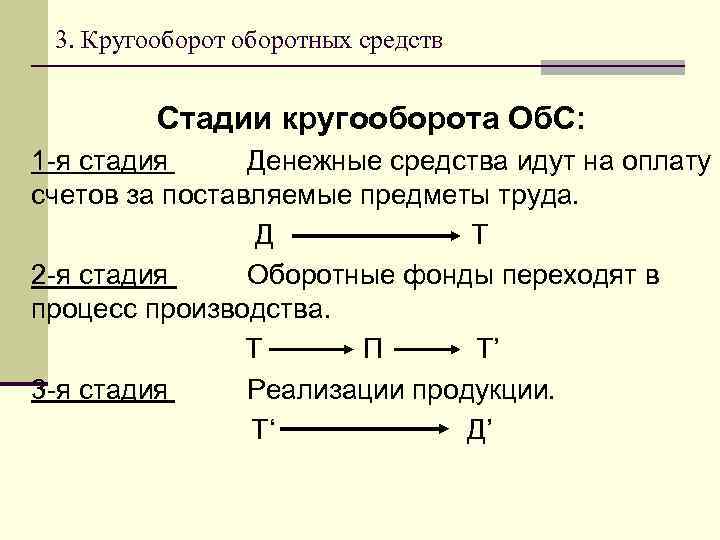 3. Кругооборотных средств Стадии кругооборота Об. С: 1 -я стадия Денежные средства идут на