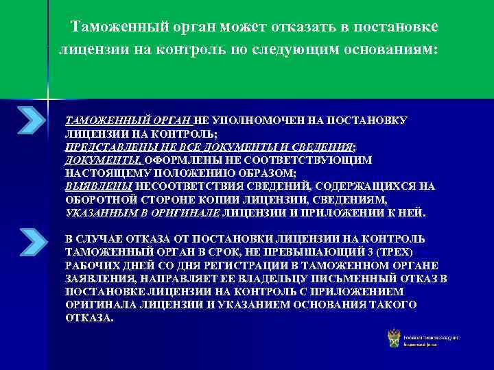  Таможенный орган может отказать в постановке лицензии на контроль по следующим основаниям: ТАМОЖЕННЫЙ