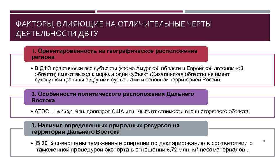ФАКТОРЫ, ВЛИЯЮЩИЕ НА ОТЛИЧИТЕЛЬНЫЕ ЧЕРТЫ ДЕЯТЕЛЬНОСТИ ДВТУ 1. Ориентированность на географическое расположение региона •