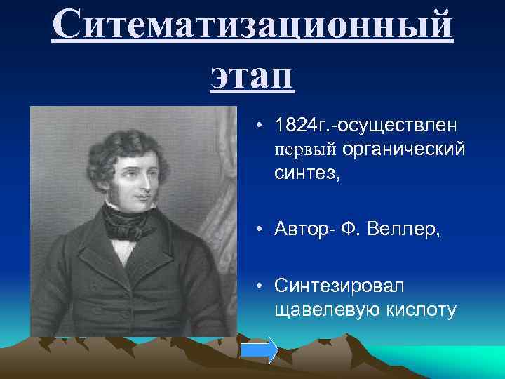 Ситематизационный этап • 1824 г. -осуществлен первый органический синтез, • Автор- Ф. Веллер, •