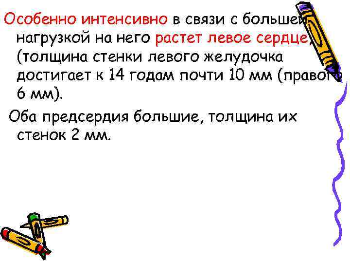 Особенно интенсивно в связи с большей нагрузкой на него растет левое сердце, (толщина стенки