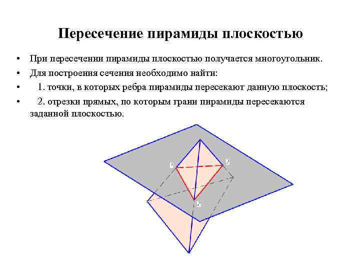 Пересечение пирамиды плоскостью • При пересечении пирамиды плоскостью получается многоугольник. • Для построения сечения