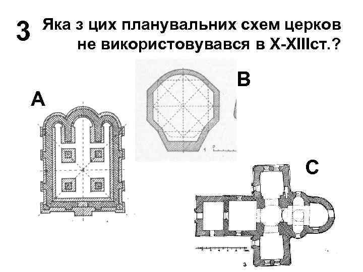 3 Яка з цих планувальних схем церков не використовувався в Х-ХІІІст. ? А В