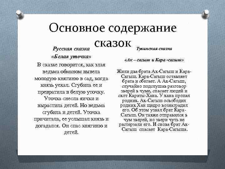 Основное содержание сказок Русская сказка Тувинская сказка «Белая уточка» В сказке говорится, как злая