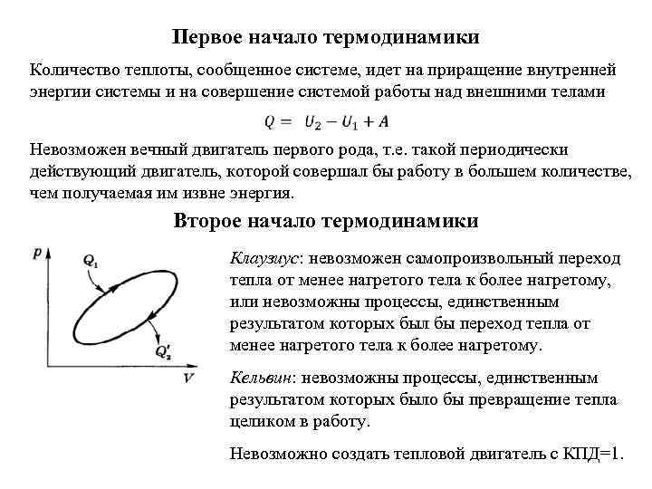 Первое начало термодинамики Количество теплоты, сообщенное системе, идет на приращение внутренней энергии системы и