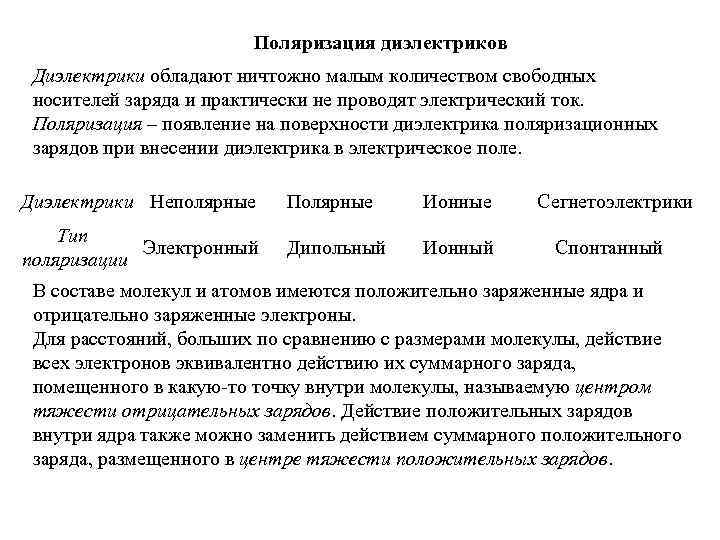 Поляризация диэлектриков Диэлектрики обладают ничтожно малым количеством свободных носителей заряда и практически не проводят