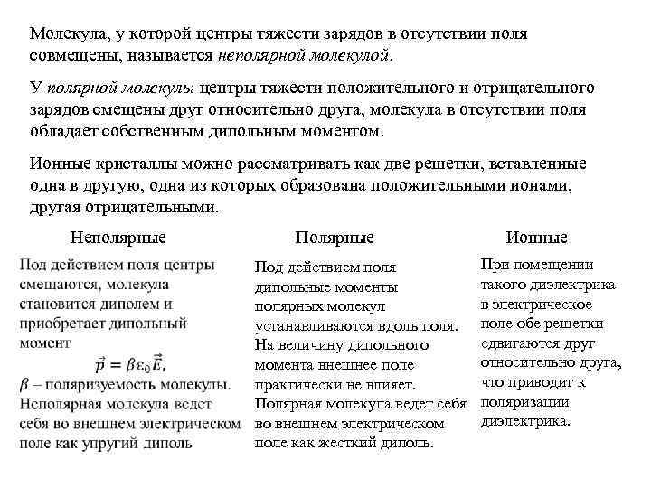 Молекула, у которой центры тяжести зарядов в отсутствии поля совмещены, называется неполярной молекулой. У