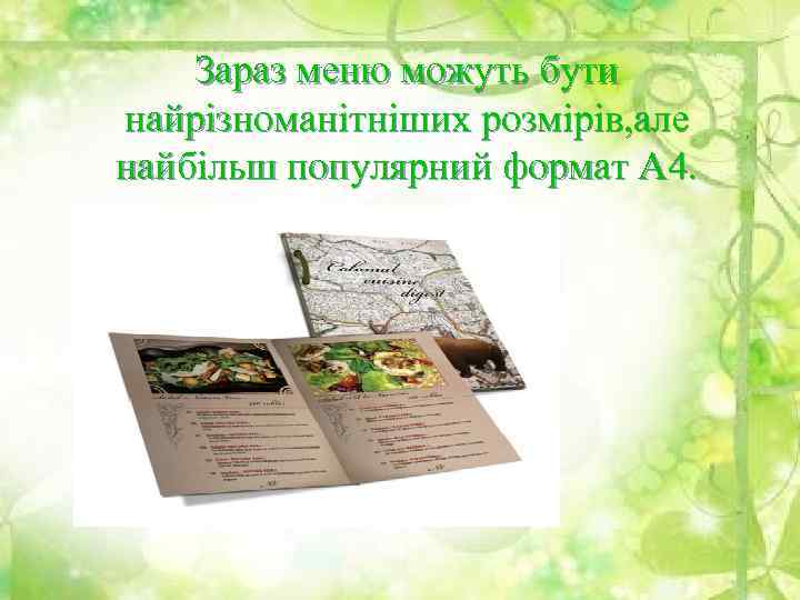 Зараз меню можуть бути найрізноманітніших розмірів, але найбільш популярний формат А 4. 