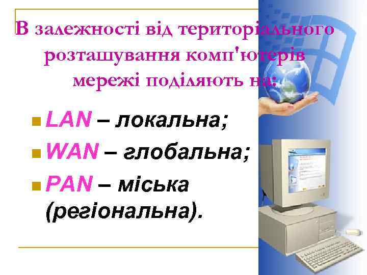 В залежності від територіального розташування комп'ютерів мережі поділяють на: n LAN – локальна; n