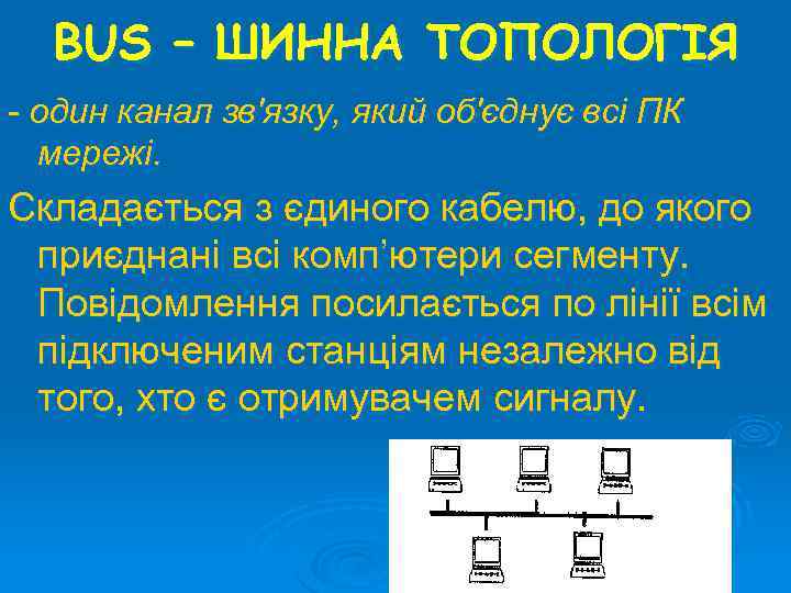 BUS – ШИННА ТОПОЛОГІЯ - один канал зв'язку, який об'єднує всі ПК мережі. Складається