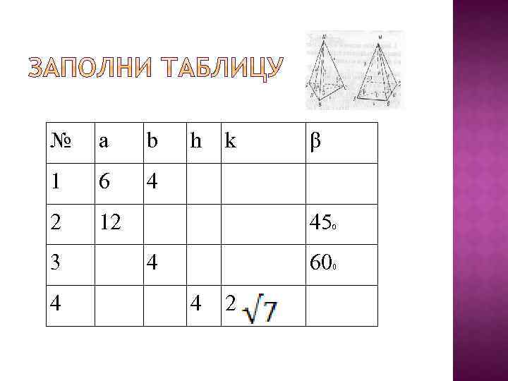 № a b 1 6 4 2 12 3 4 h k β 45