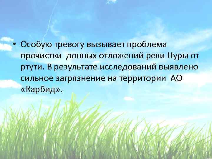  • Особую тревогу вызывает проблема прочистки донных отложений реки Нуры от ртути. В