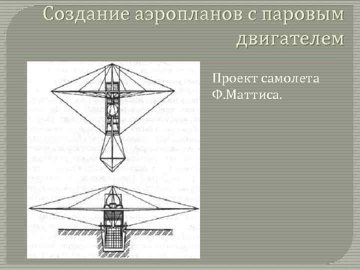 Создание аэропланов с паровым двигателем Проект самолета Ф. Маттиса. 