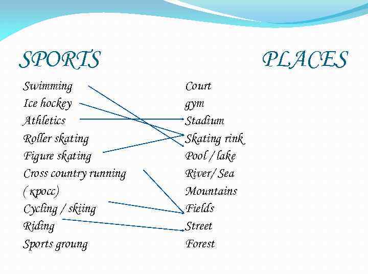 SPORTS Swimming Ice hockey Athletics Roller skating Figure skating Cross country running ( кросс)