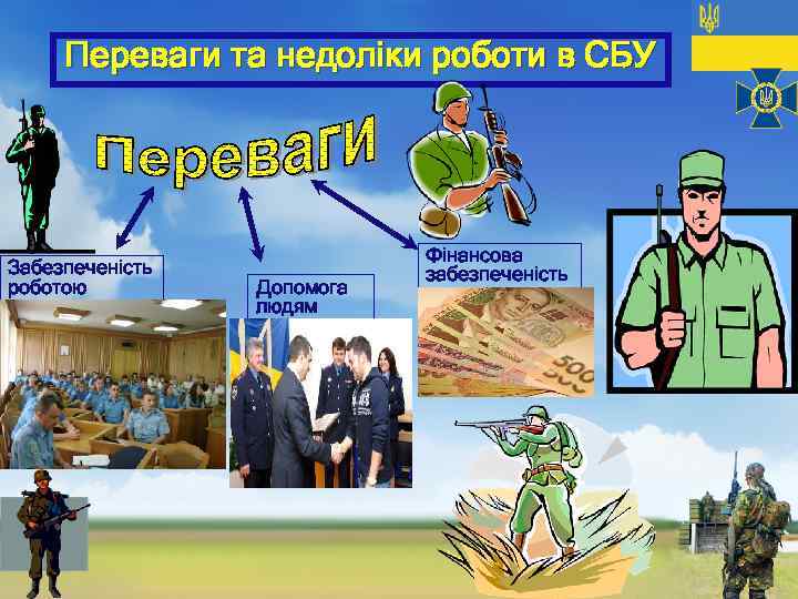 Переваги та недоліки роботи в СБУ Забезпеченість роботою Допомога людям Фінансова забезпеченість 