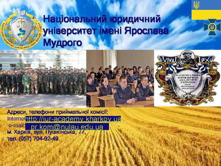 Національний юридичний університет імені Ярослава Мудрого Адреси, телефони приймальної комісії: Internet: http: //jur-academy. kharkov.
