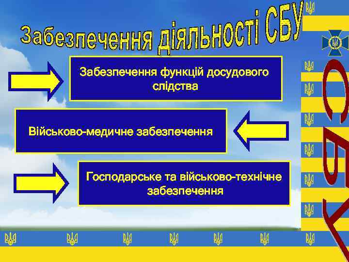 Забезпечення функцій досудового слідства Військово-медичне забезпечення Господарське та військово-технічне забезпечення 