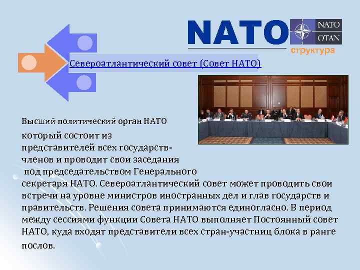 NATO структура Североатлантический совет (Совет НАТО) Высший политический орган НАТО который состоит из представителей