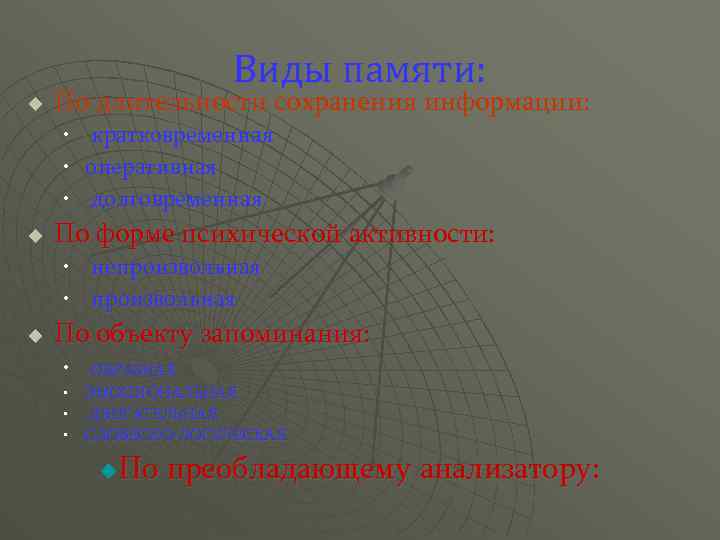 Виды памяти: u По длительности сохранения информации: • кратковременная • оперативная • долговременная u