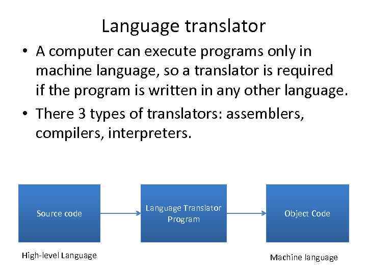 Language translator • A computer can execute programs only in machine language, so a