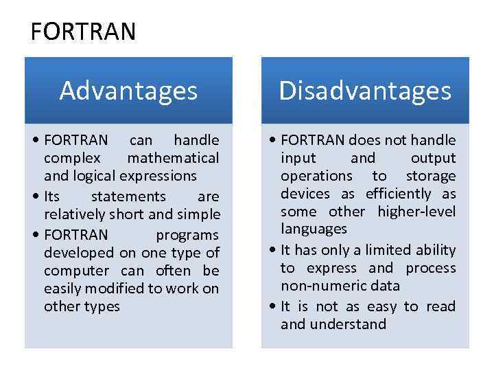 FORTRAN Advantages Disadvantages • FORTRAN can handle complex mathematical and logical expressions • Its