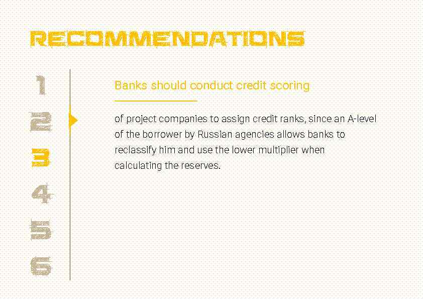 recommendations 1 2 3 4 5 6 Banks should conduct credit scoring of project