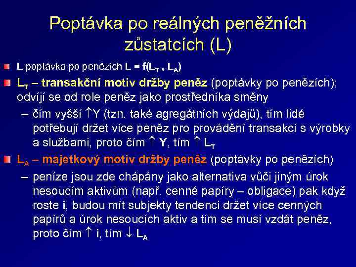 Poptávka po reálných peněžních zůstatcích (L) L poptávka po penězích L = f(LT ,