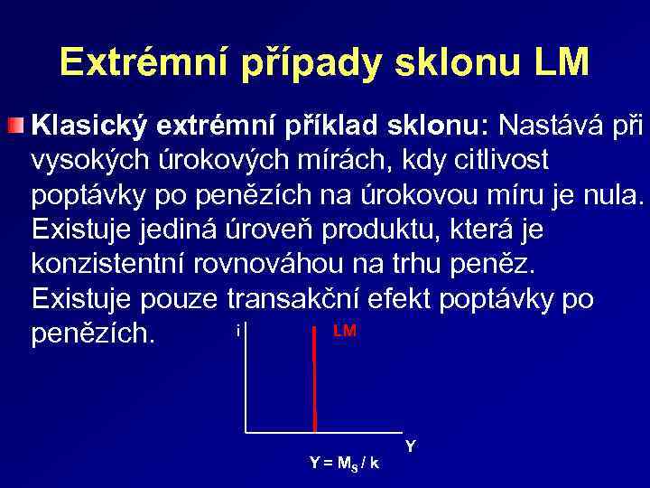 Extrémní případy sklonu LM Klasický extrémní příklad sklonu: Nastává při vysokých úrokových mírách, kdy