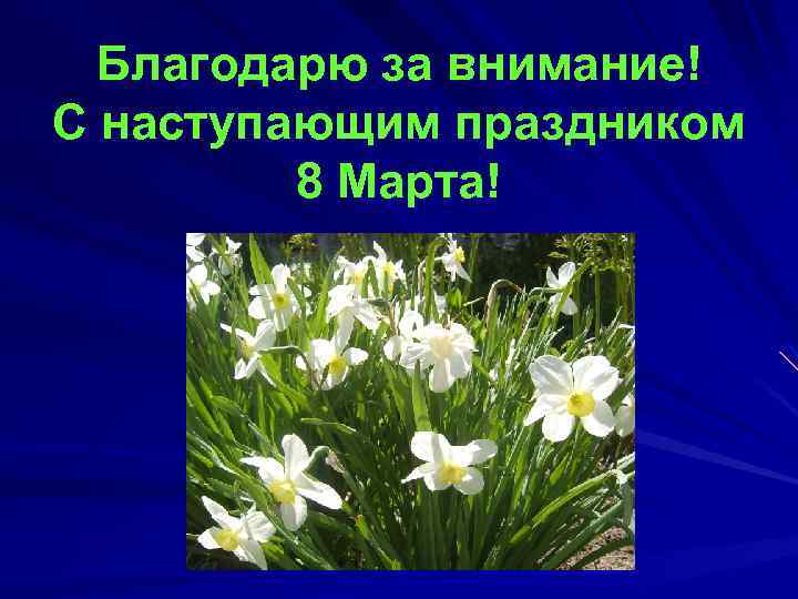 Благодарю за внимание! С наступающим праздником 8 Марта! 
