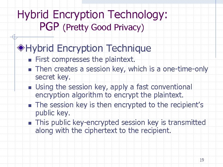 Hybrid Encryption Technology: PGP (Pretty Good Privacy) Hybrid Encryption Technique n n n First