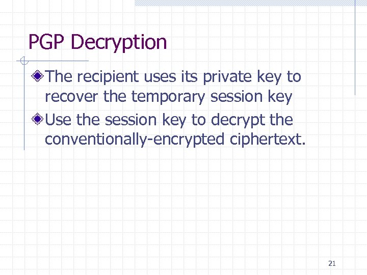 PGP Decryption The recipient uses its private key to recover the temporary session key