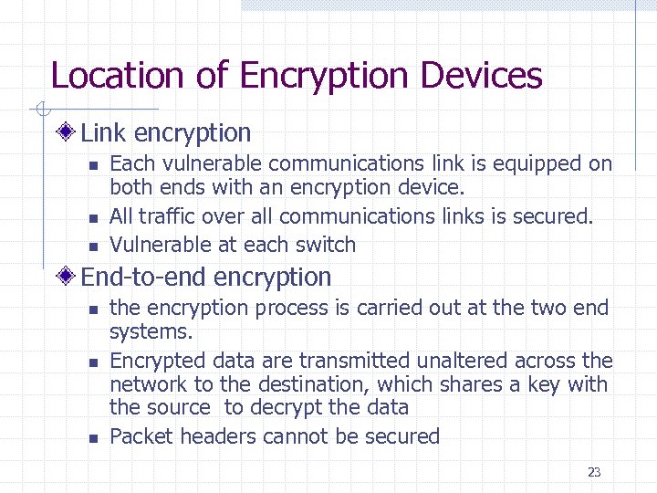 Location of Encryption Devices Link encryption n Each vulnerable communications link is equipped on