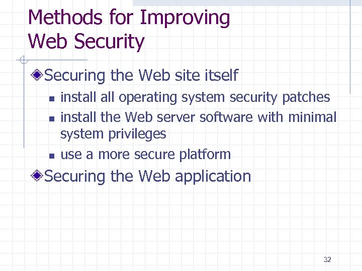 Methods for Improving Web Security Securing the Web site itself n n n install