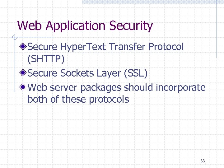 Web Application Security Secure Hyper. Text Transfer Protocol (SHTTP) Secure Sockets Layer (SSL) Web