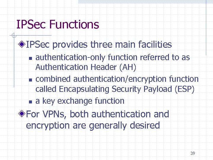 IPSec Functions IPSec provides three main facilities n n n authentication-only function referred to