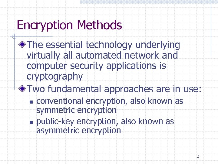 Encryption Methods The essential technology underlying virtually all automated network and computer security applications