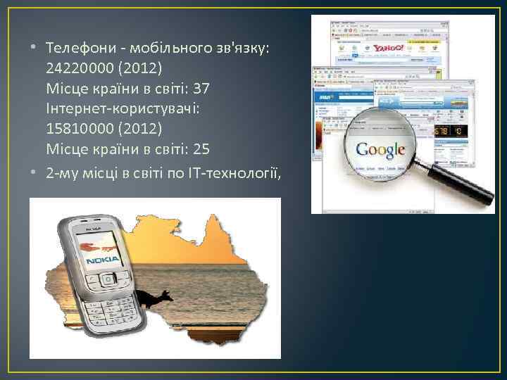  • Телефони - мобільного зв'язку: 24220000 (2012) Місце країни в світі: 37 Інтернет-користувачі: