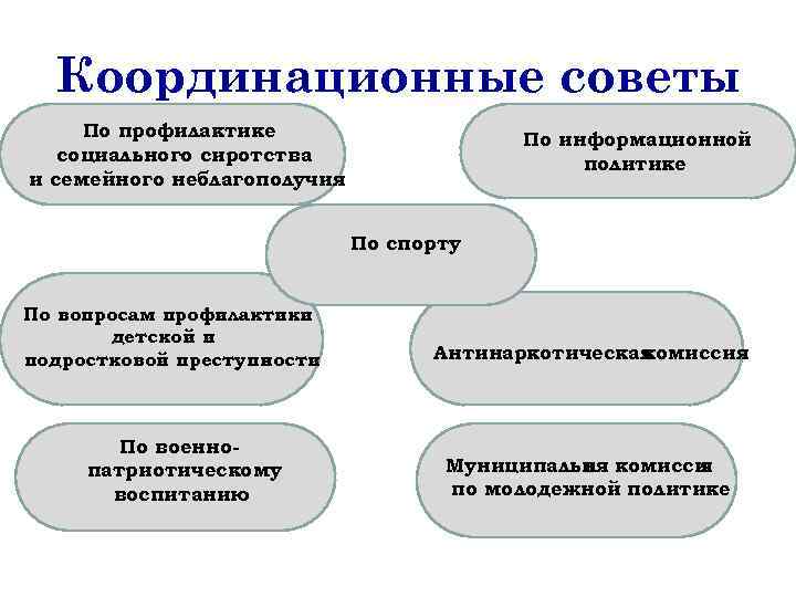 Координационные советы По профилактике социального сиротства и семейного неблагополучия По информационной политике По спорту