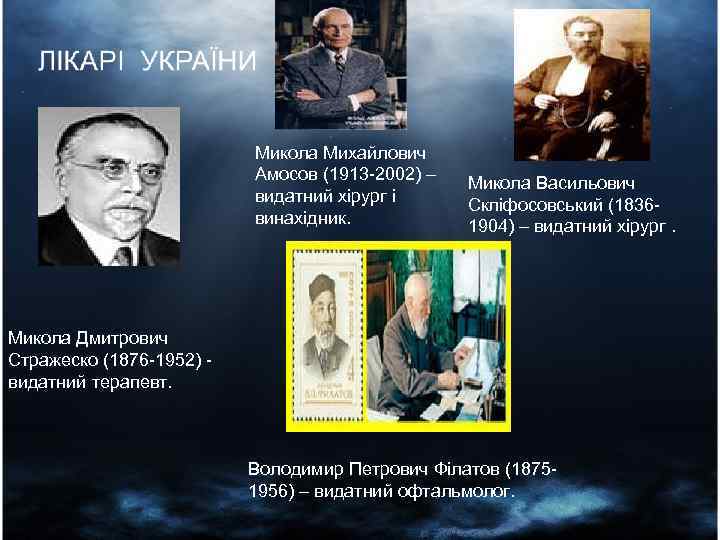 Микола Михайлович Амосов (1913 -2002) – видатний хірург і винахідник. Микола Васильович Скліфосовський (18361904)