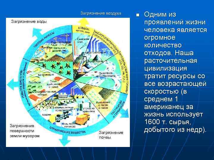 Загрязнение воздуха Загрязнение воды Загрязнение поверхности земли мусором Загрязнение почвы n Одним из проявлений