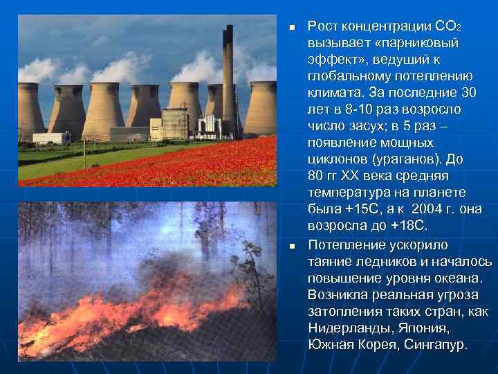 n n Рост концентрации СО 2 вызывает «парниковый эффект» , ведущий к глобальному потеплению