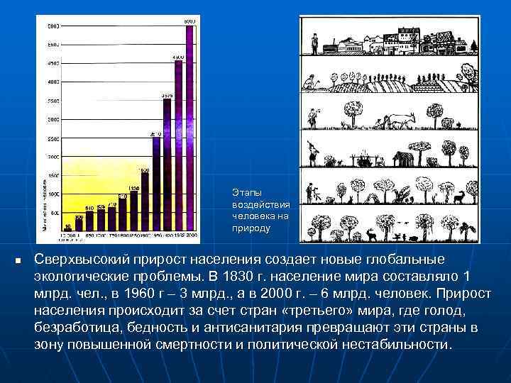 Этапы воздействия человека на природу n Сверхвысокий прирост населения создает новые глобальные экологические проблемы.