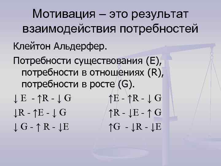 Мотивация – это результат взаимодействия потребностей Клейтон Альдерфер. Потребности существования (E), потребности в отношениях