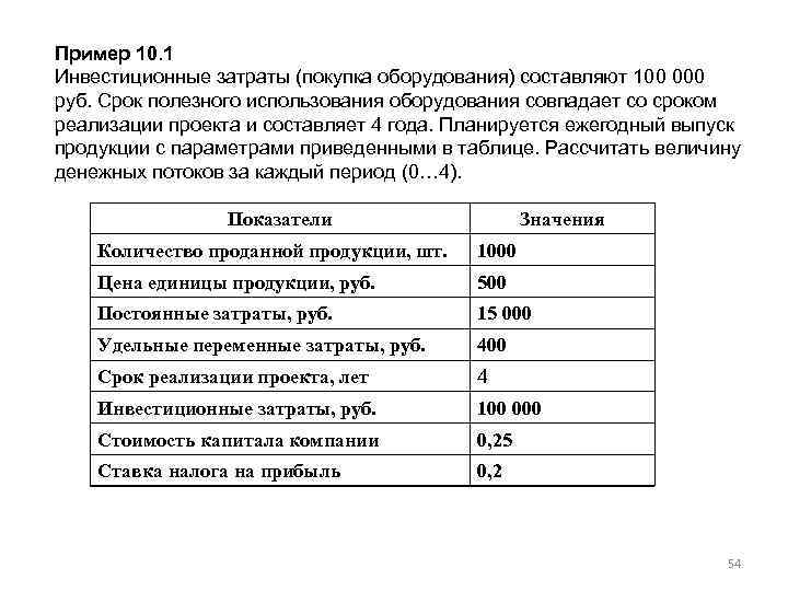 Пример 10. 1 Инвестиционные затраты (покупка оборудования) составляют 100 000 руб. Срок полезного использования