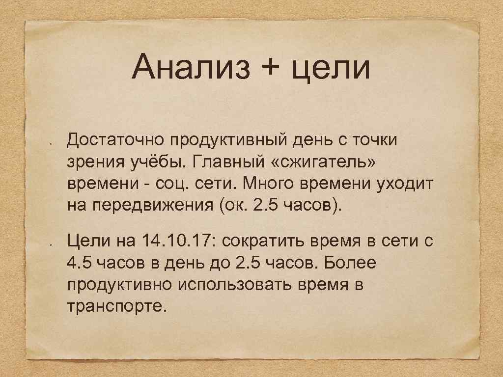 Анализ + цели Достаточно продуктивный день с точки зрения учёбы. Главный «сжигатель» времени -